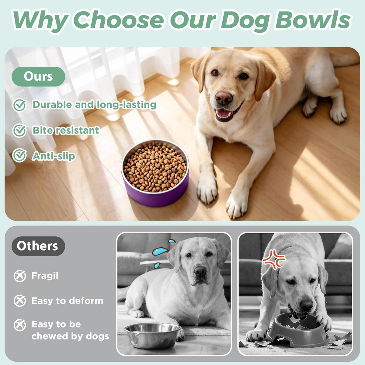 Dog Bowl, Stainless Stee Dog Water Bowl and Food Bowl - 64oz / Purple - image 3