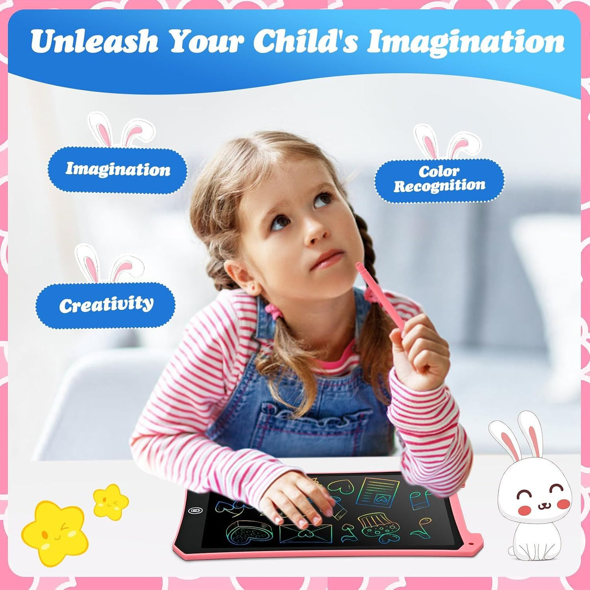 EooCoo Kids LCD Writing Tablet, Stocking Stuffers for Toddler - 10”pink&blue - image 3