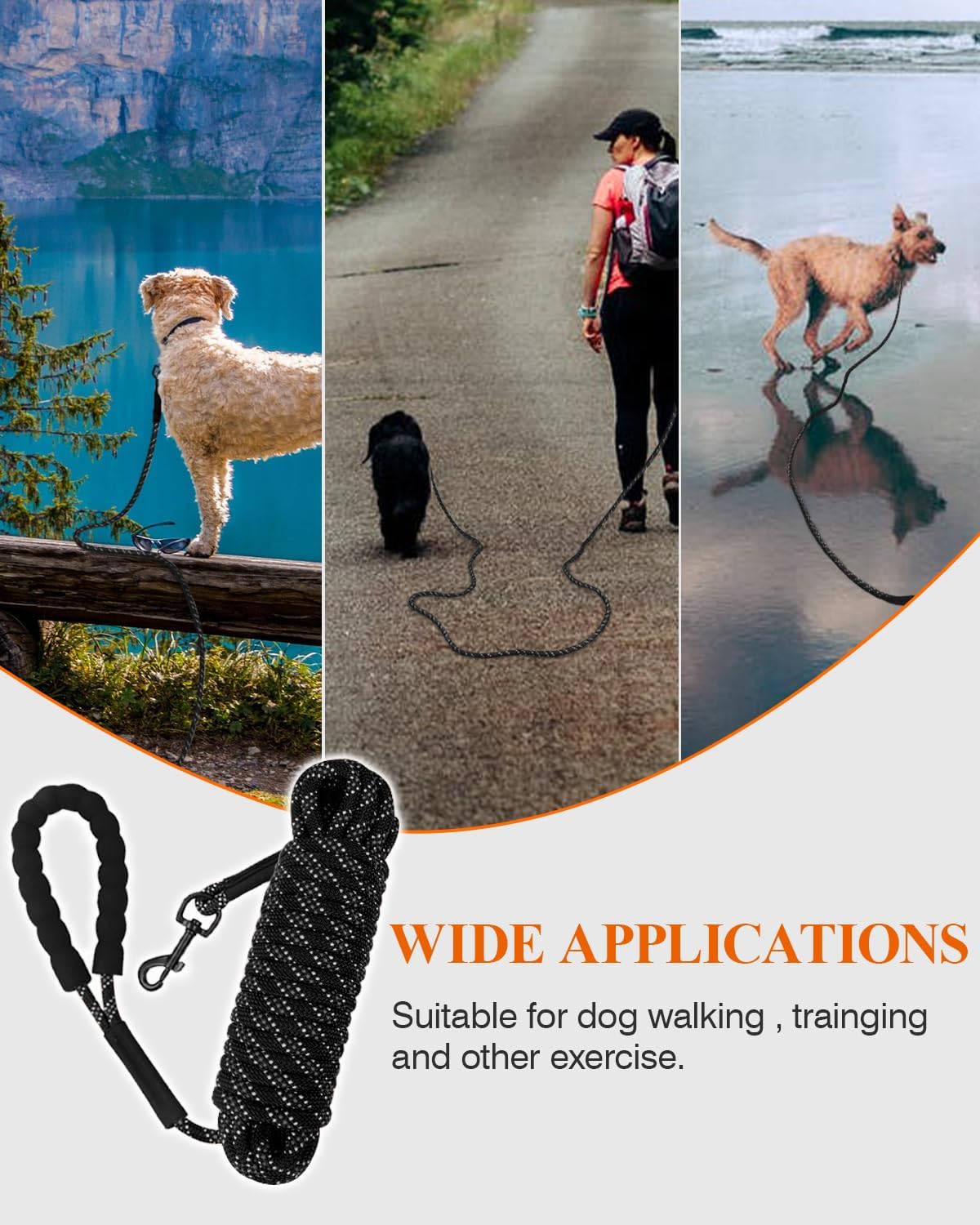 Taglory Long Dog Leash, 15FT 30FT 50FT 66FT, Training and Recall Leash with Comfortable Padded - 50 Foot - with handle / Black - image 3
