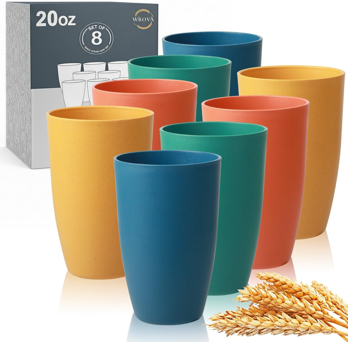 Wrova set of 8 black reusable wheat straw cups, 20 oz, stackable - view 2