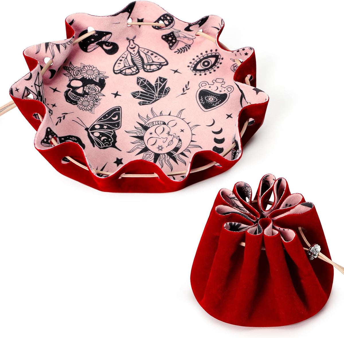 CiyvoLyeen Dice Bag and Tray for Rolling and Storage Black Felt Velvet – Fun for Kids & Family - Red