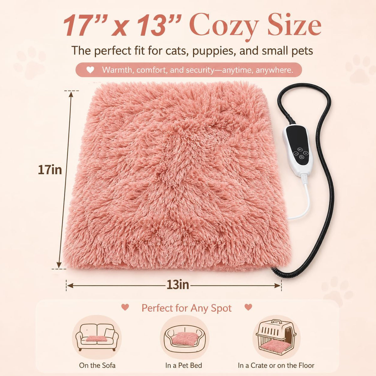 Pet Heating Pad for Cats with Normally Open Function - Pink Plush / 17.0"L x 13.0"W - image 2