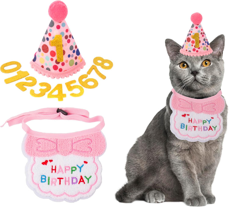 Cat Birthday Hat Bandana Set, Pink Girl Kitten Birthday Outfit – Essentials for Cats - Pink