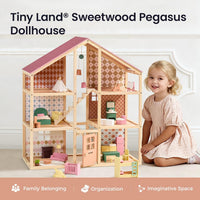 Tiny Land Wooden Dollhouse for Girls, 6 Rooms Wooden Doll House - Dusty Pink - image 2