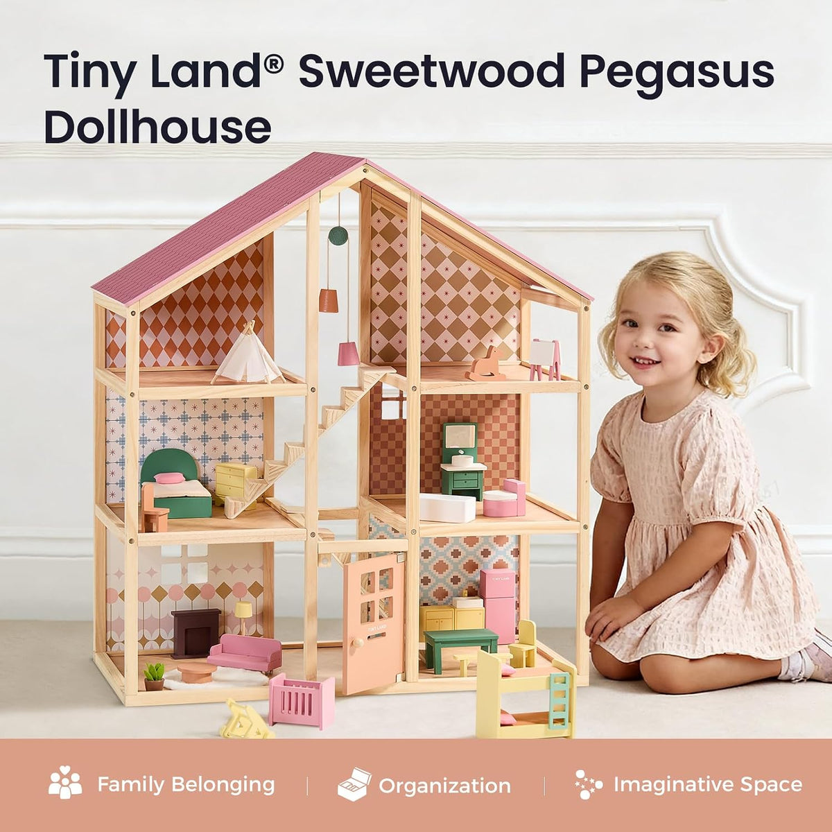 Tiny Land Wooden Dollhouse for Girls, 6 Rooms Wooden Doll House - Dusty Pink - image 2
