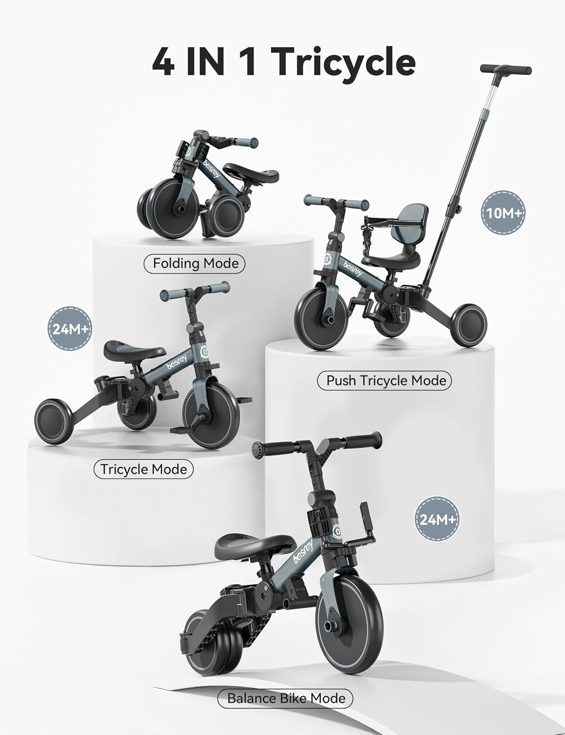 besrey Folding Toddler Tricycle-to-Balance Bike with Push Handle - Grey - image 2