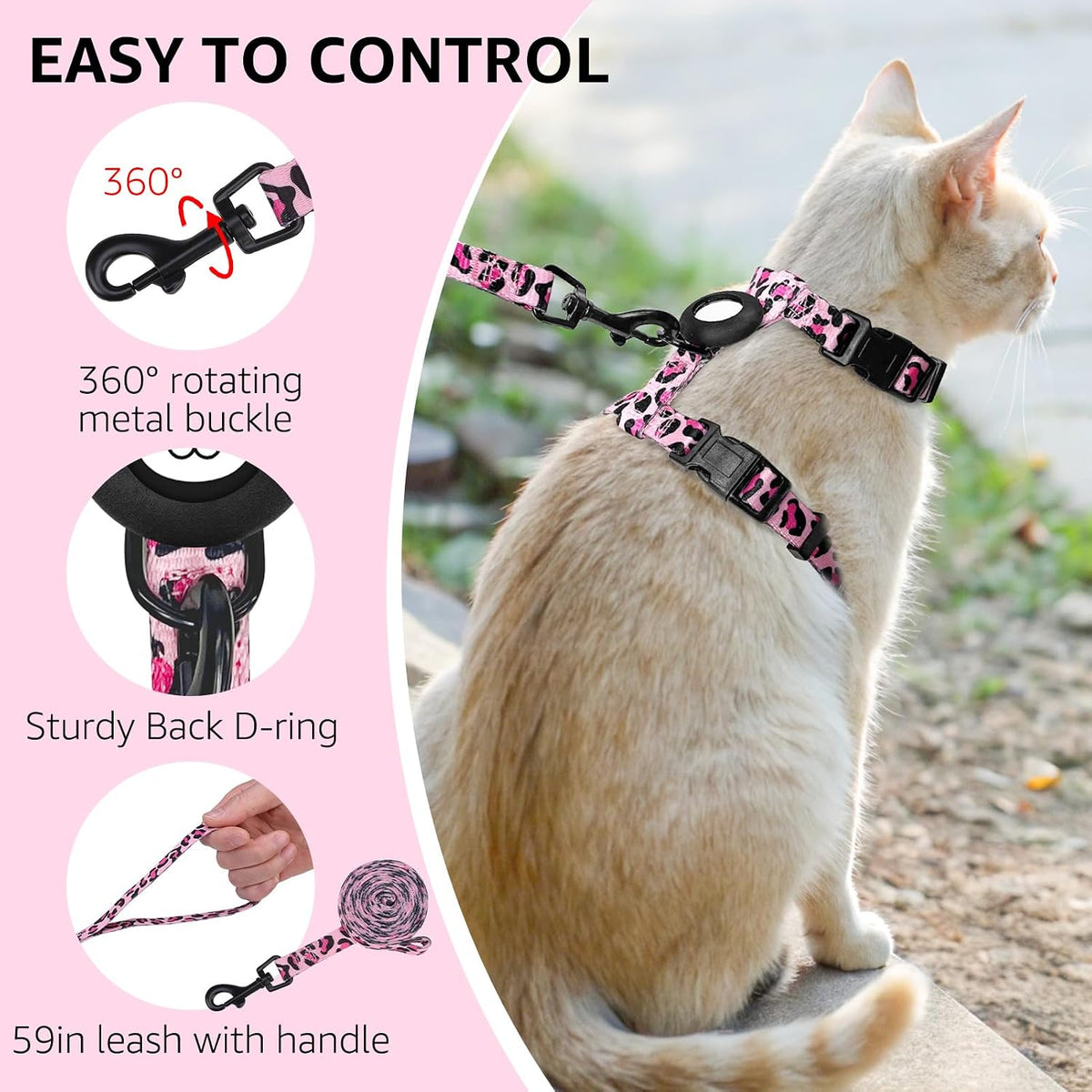 Adjustable Cat Harness and Leash Set with AirTag Holder - Pink Leopard - image 4