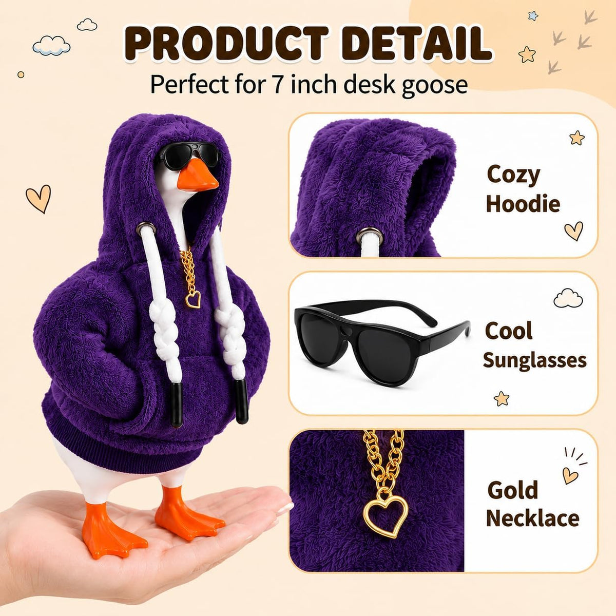7inch Desk Goose Outfits, Mini Desktop Goose Clothes with Sunglasses & Necklaces, Brown Leopard - Dark Purple / 7 Inch - image 3