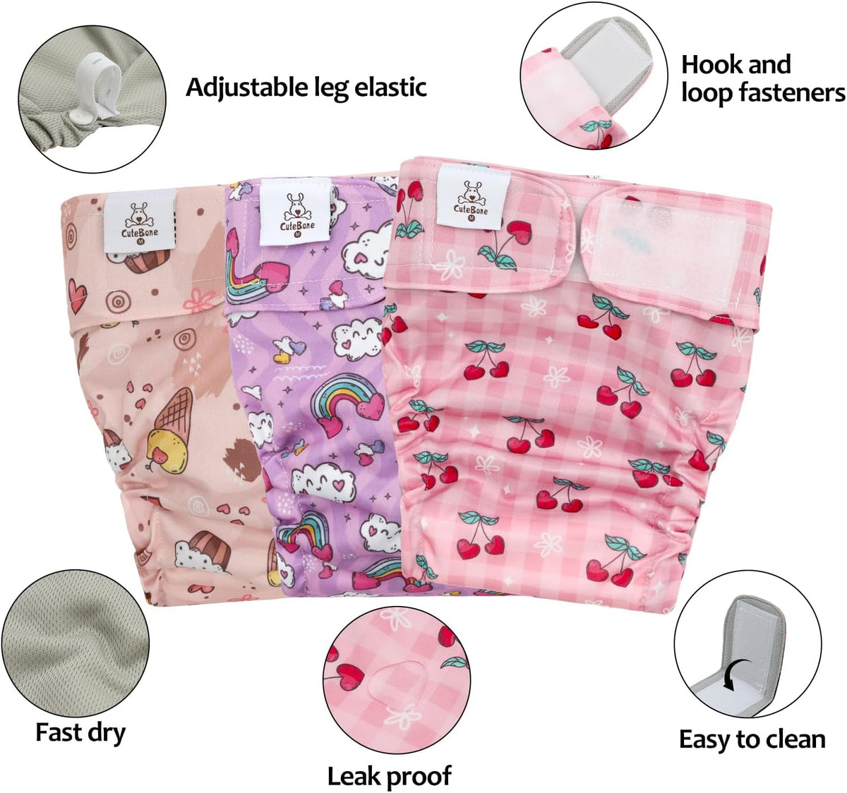 CuteBone Washable Dog Diapers Female No Tail Hole 3 Pack Reusable - For docked-tail, Cherry&rainbow&dessert / S - image 4