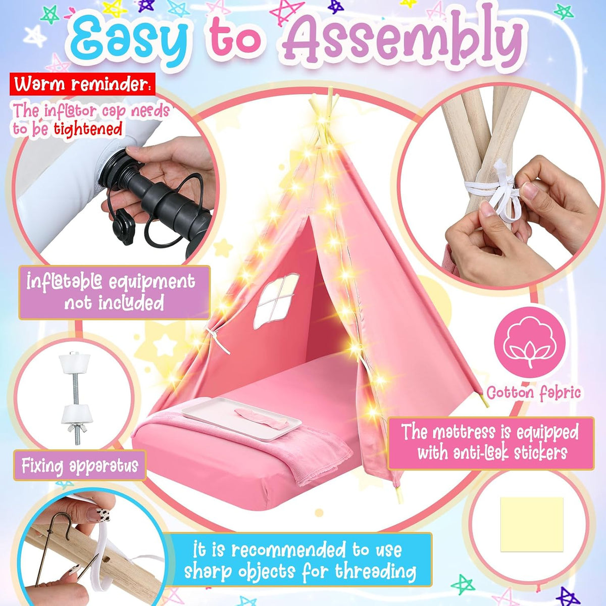 Windyun 4 pack kids sleepover teepee tents with air mattresses, blankets and star lights - view 10