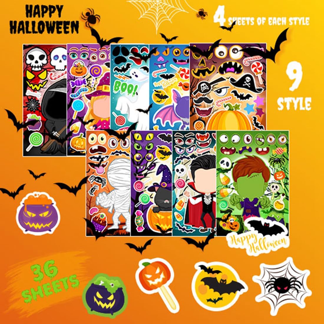 60 Packs Halloween Stickers Pumpkin Decorating Kit - 36 Sheets Halloween Stickers - image 4