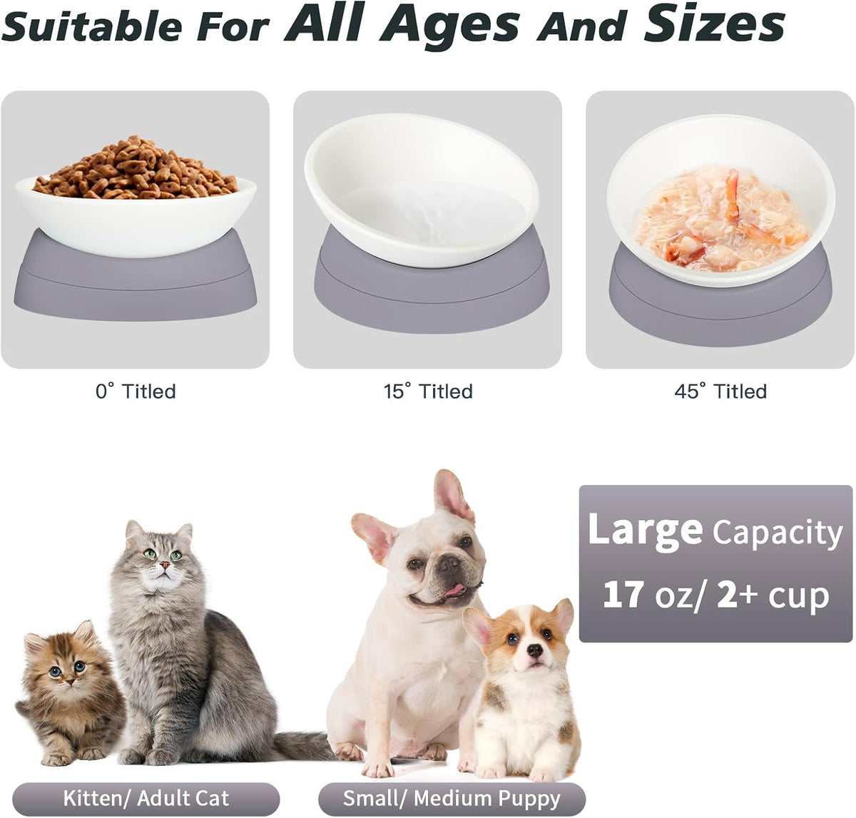 17 oz Raised Cat Food Bowls, Adjustable-Angle Pet Bowls - Milky White, Light blue & Milky White, Grey - image 3