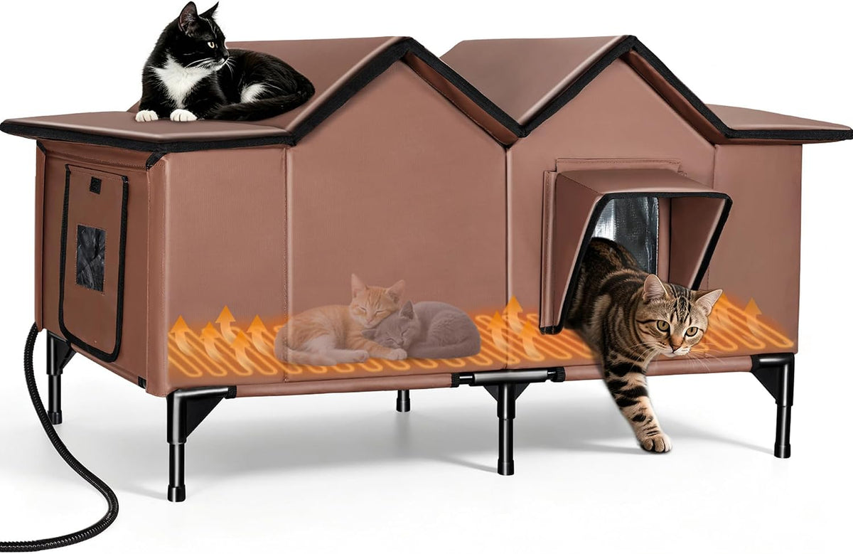 Outdoor Heated Cat House for Outside - Tan / XXL