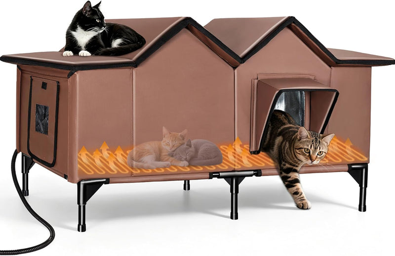 Outdoor Heated Cat House for Outside - Tan / XXL