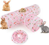 Bunny Tunnels & Tubes, 3-Way Collapsible Rabbit Hideout for Bunnies – Essentials for Small Pets - Pink