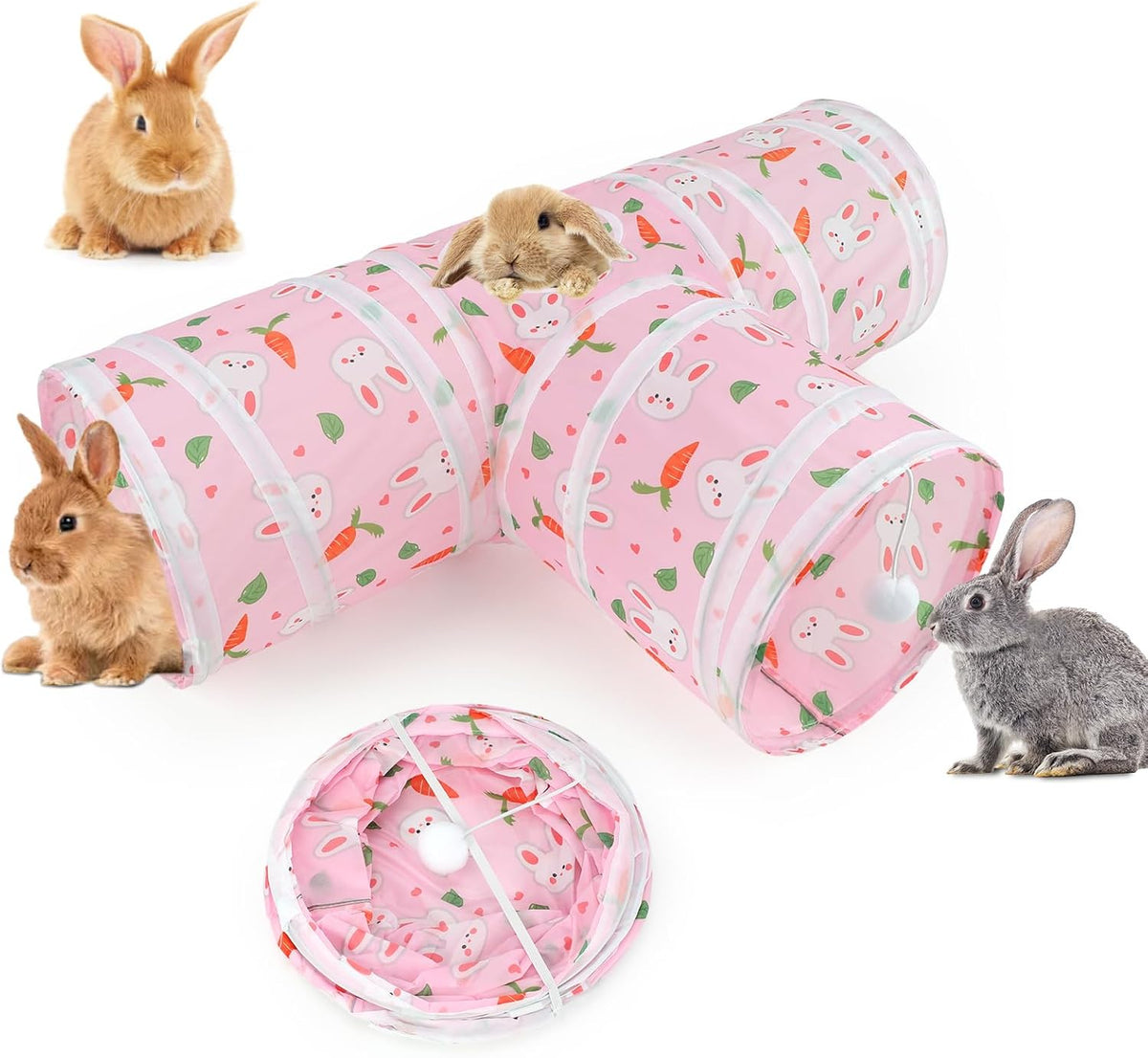 Bunny Tunnels & Tubes, 3-Way Collapsible Rabbit Hideout for Bunnies – Essentials for Small Pets - Pink