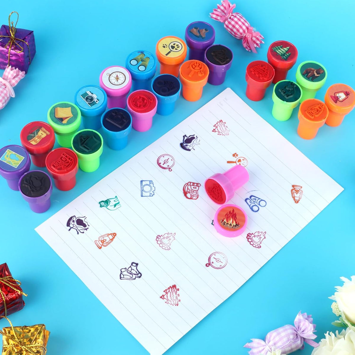 Hxezoc dog paw print stamps, 24 mini self-inking stampers in 8 bright colors - view 12