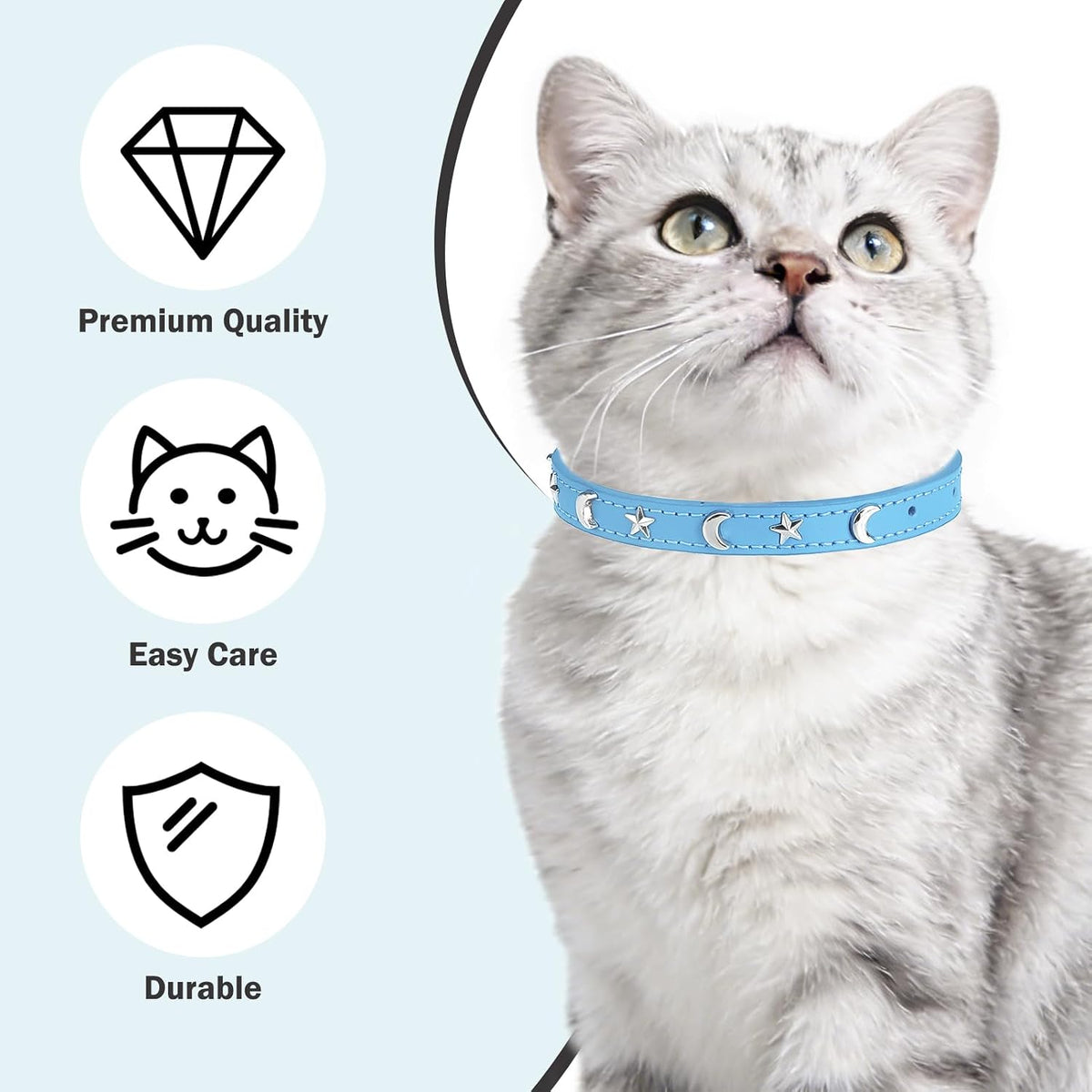 Leather Cat Collar, Breakaway Kitten Collars with Bell, Black – Essentials for Small Pets - Light Blue_Star & Moon / 8"-12" Cats / Mini Dogs(Pack of 1) - image 3