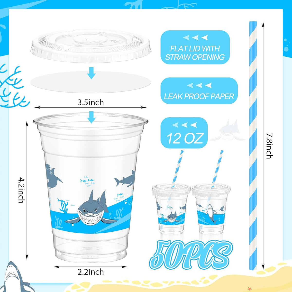 Teenyyou 12 oz clear plastic party cups with dirt bike design, lids and paper straws - view 26