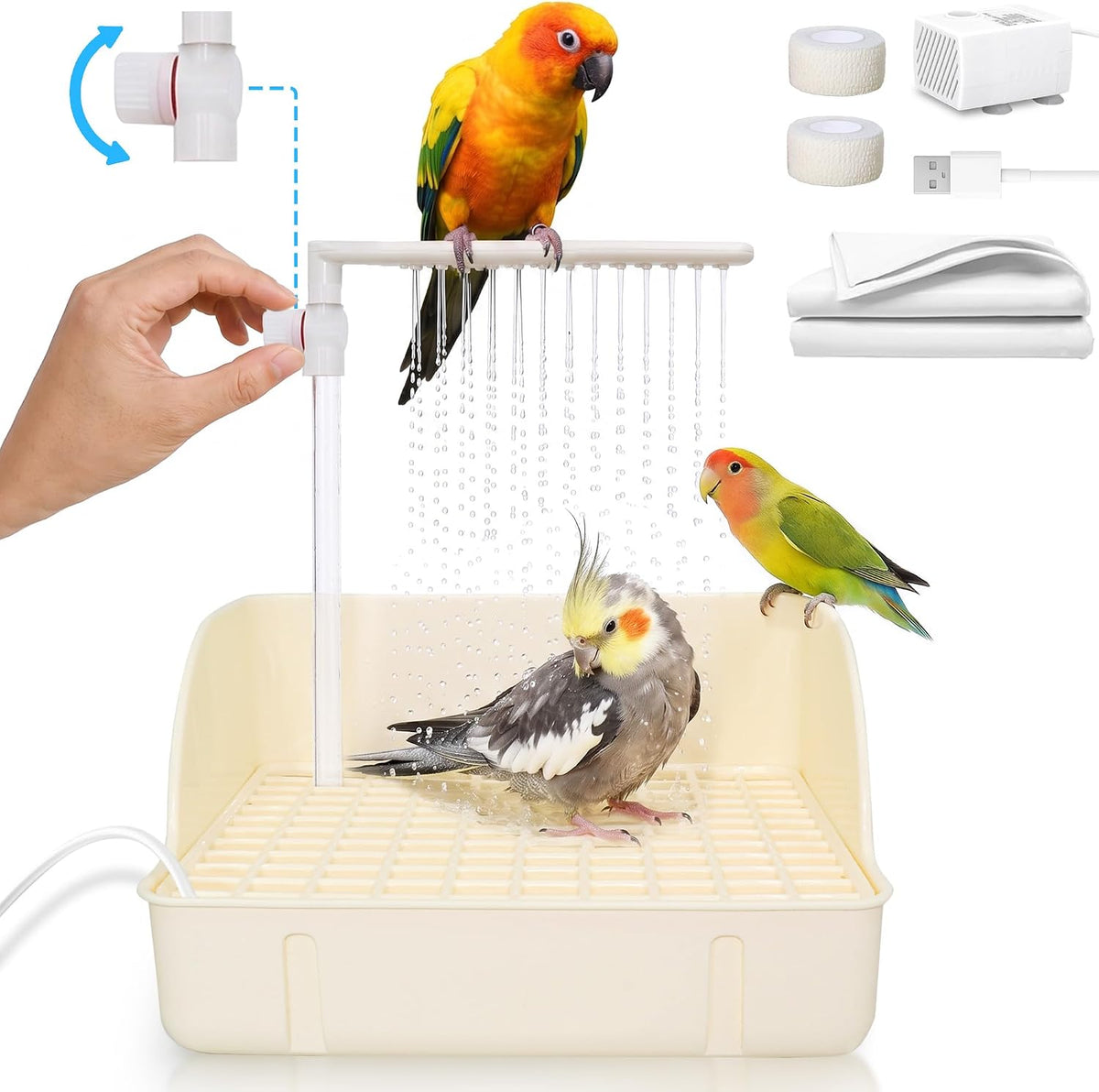 Automatic Parakeet Bird Bath with Pump - White with Control Valve