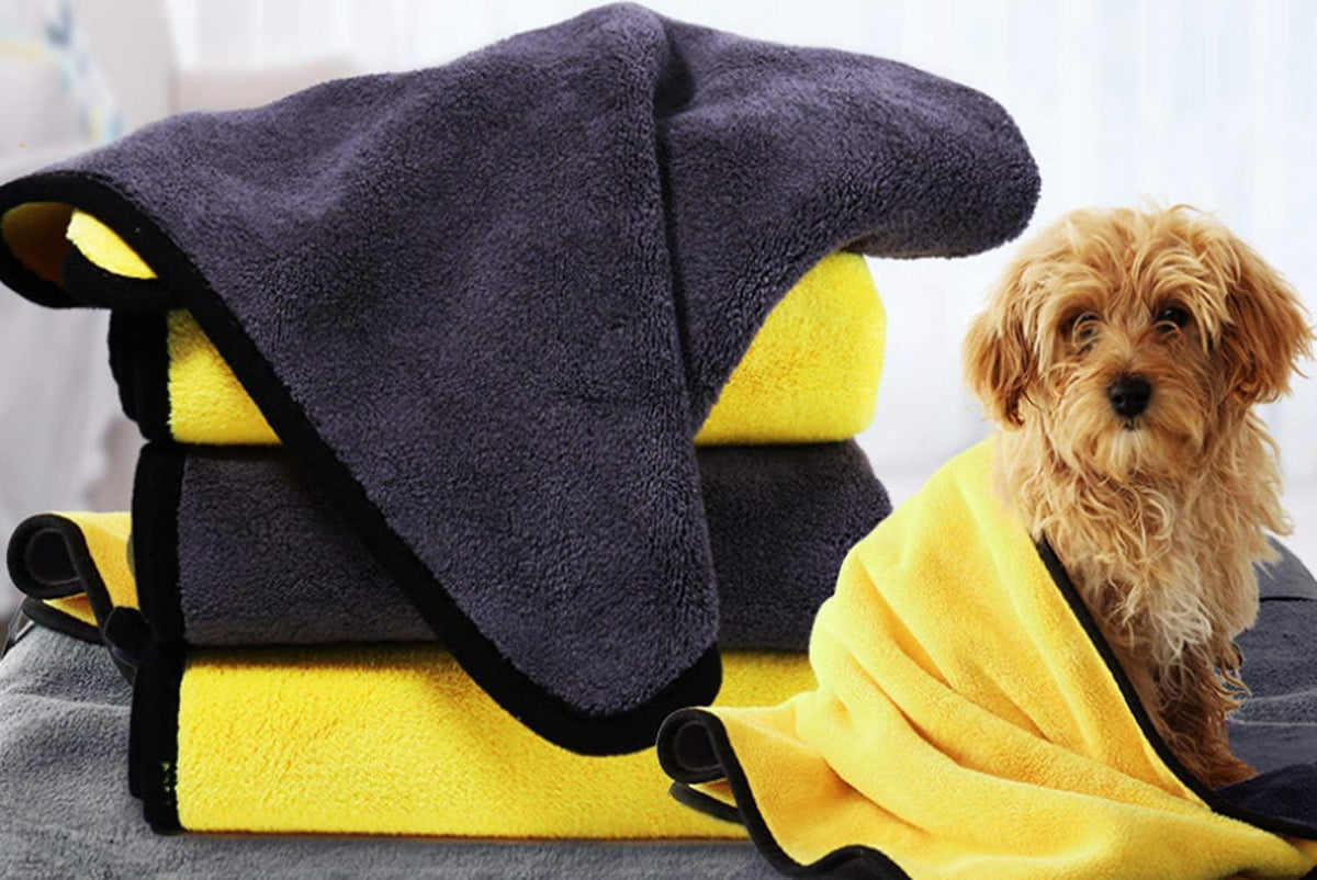 Dog Bath Towel - Super Absorbent Microfiber Dog Towel for Small Dogs and Cats, Yellow & Grey 11.8" - Small