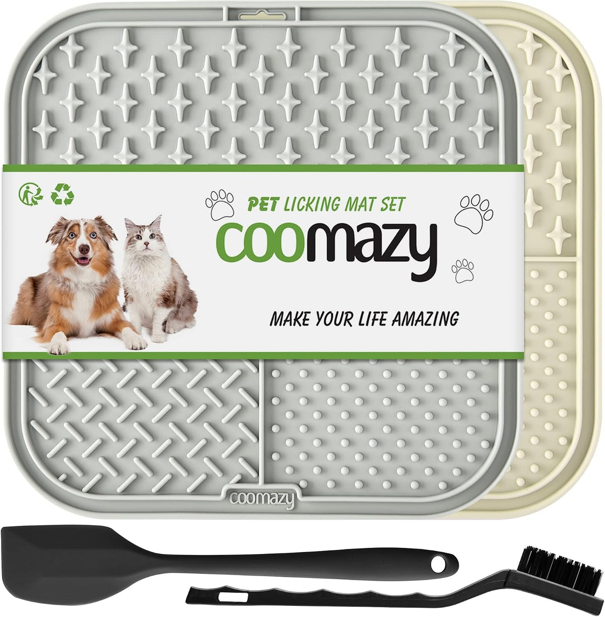 Coomazy Lick Mat for Dogs Cat Slow Feeder Lick Mat with Suction Cups - BEIGE+GRAY
