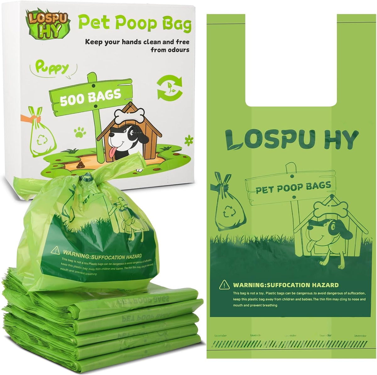 Poop Bags for Dogs, 100 Count Dog Poop Bags with Handles, Extra Thick Strong Leak Proof Doggie - 500 pcs / Green