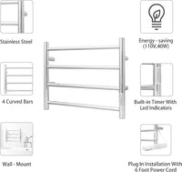 KEG Towel Warmer Wall Mounted with Built-in Timer 4 Bars Electric Stainless Steel Heated Towel Racks for Bathroom, Hot Plug-in Bath Towel Heater Polish Chrome