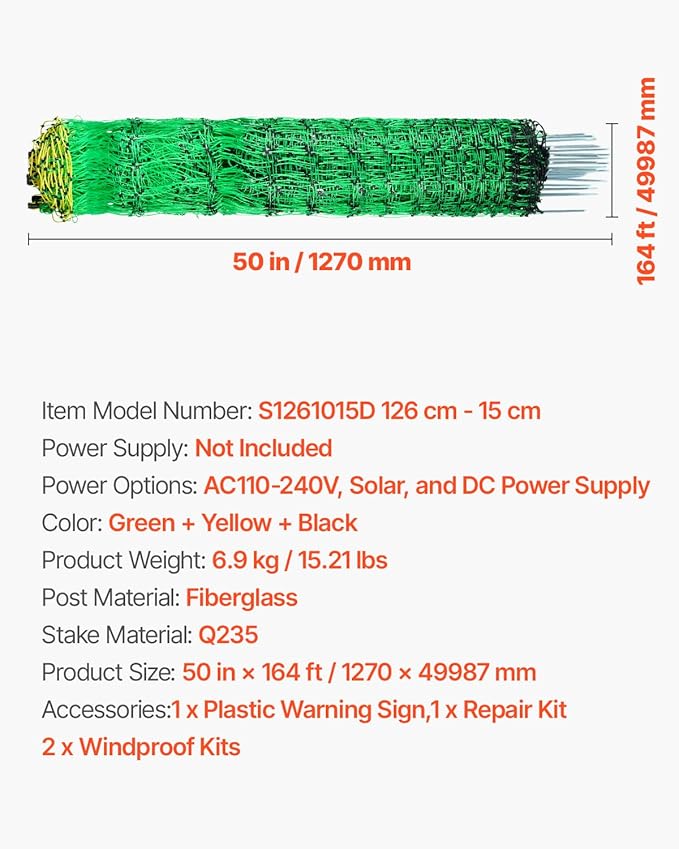 VEVOR Electric Fence Netting, 50" H x 164' L, Livestock Net Fencing with Posts & Stakes, Portable Mesh Nets for Goats, Sheep, Deer, Hogs, Dogs, Electric Fencing for Backyards, Gardens, Farms, Ranches
