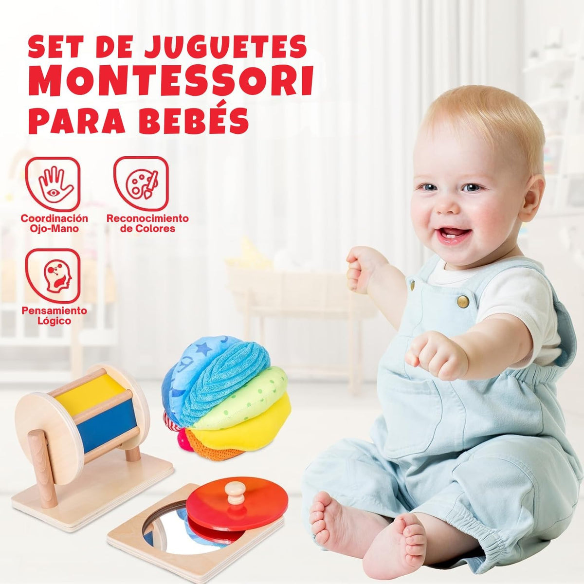 Adena Montessori Play Kit: Knob Puzzle, Drum & Ball, 6-12m – Fun for Kids & Family - Mirror Peekaboo Knob Puzzle, Spinning Drum & Fabric Ball - image 4
