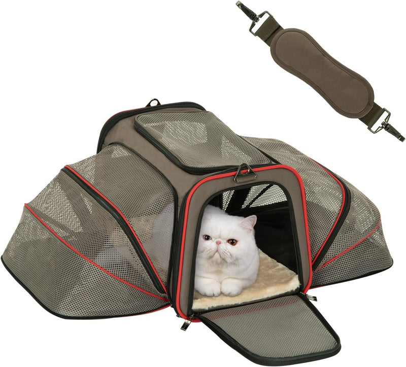 Petsfit Small Double Expandable Cat Carrier for Kittens and Air Travel – Essentials for Cats - 17.0"L x 11.0"W x 11.0"H / Gray Brown