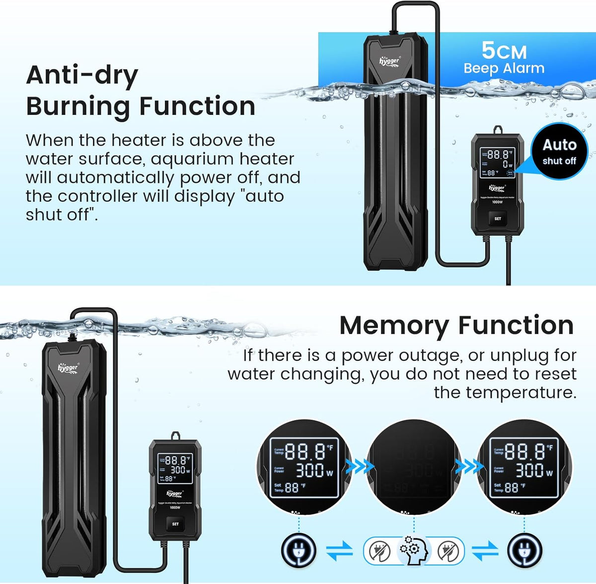 hygger Aquarium Heater 300W/500W/800W/1000W - Black-300W for 40-80 Gallon - image 4