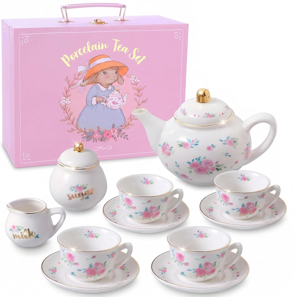 Giggle & Honey white floral tea party set for girls with porcelain teapot, cups and carrying case