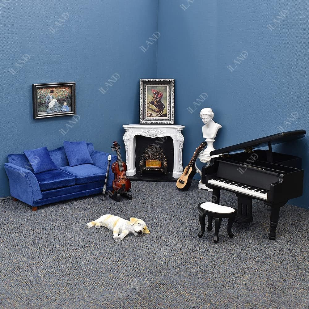 iLAND 1:12 scale dollhouse couch in turquoise blue velvet with two cushions and two pillows - view 11