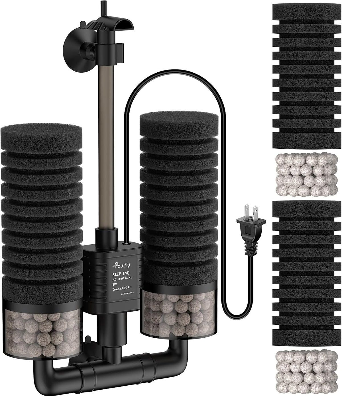 Pawfly Aquarium Sponge Filter, 70 GPH Fish Tank Filter - M (For 15-55 Gallon)