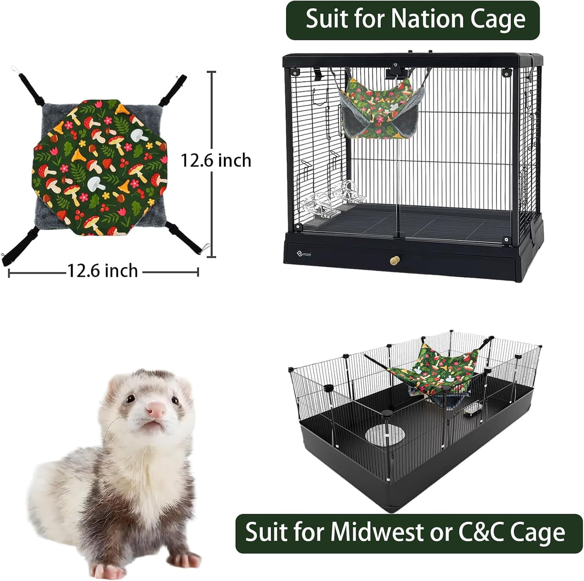 Straps are Adjustable Sugar Glider Pouch Hammock Bed Bedding - 3Tier Green Mushroom X1Pcs - image 3