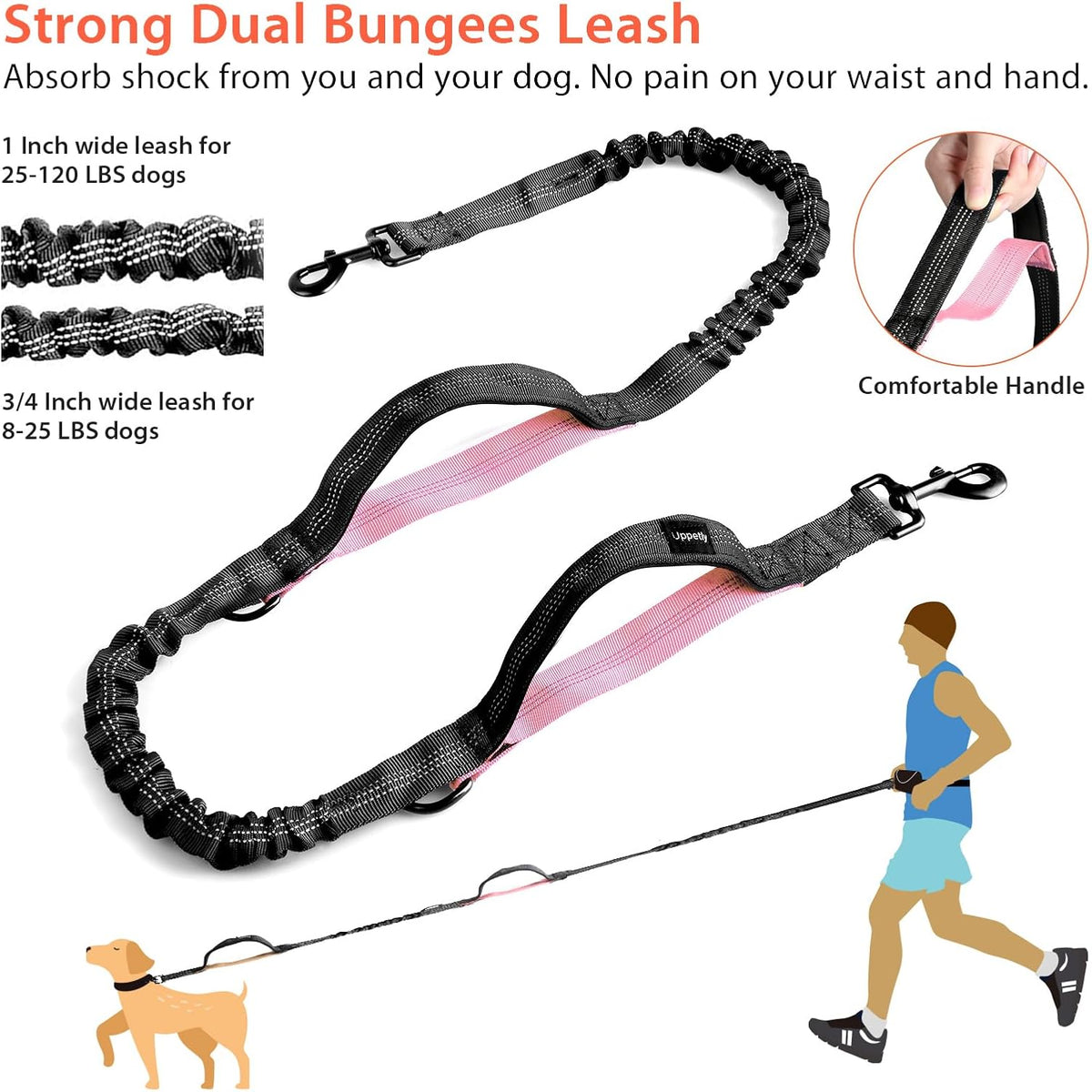 Uppetly Hands Free Dog Running Leash with Waist Belt - 1 dog/Baby Pink / Medium - image 4