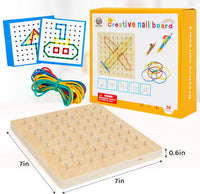 Heelwire wooden geoboard with colored rubber bands stretched into shapes and pattern cards - view 3