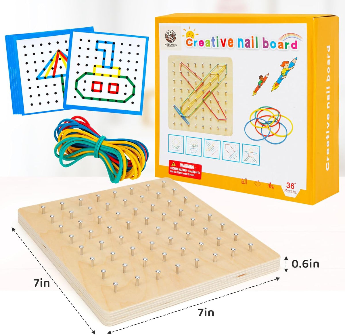 Heelwire wooden geoboard with colored rubber bands stretched into shapes and pattern cards - view 3