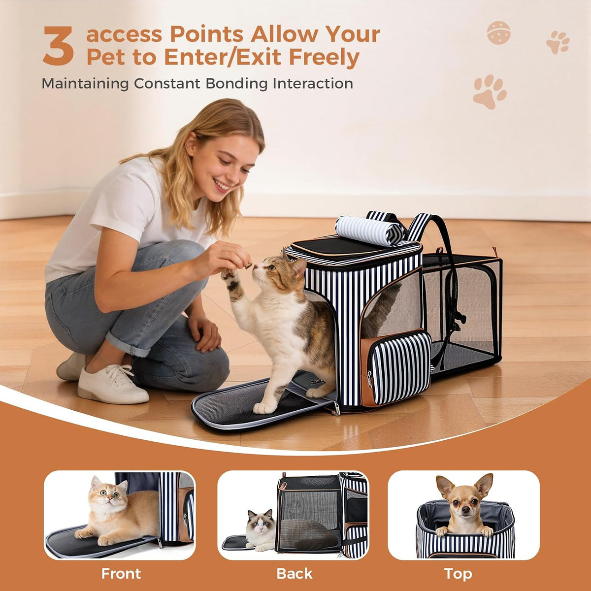 Lekereise Cat Backpack Expandable Pet Carrier Backpack for Small Cats - Stripes / XL-Mesh Window - image 3