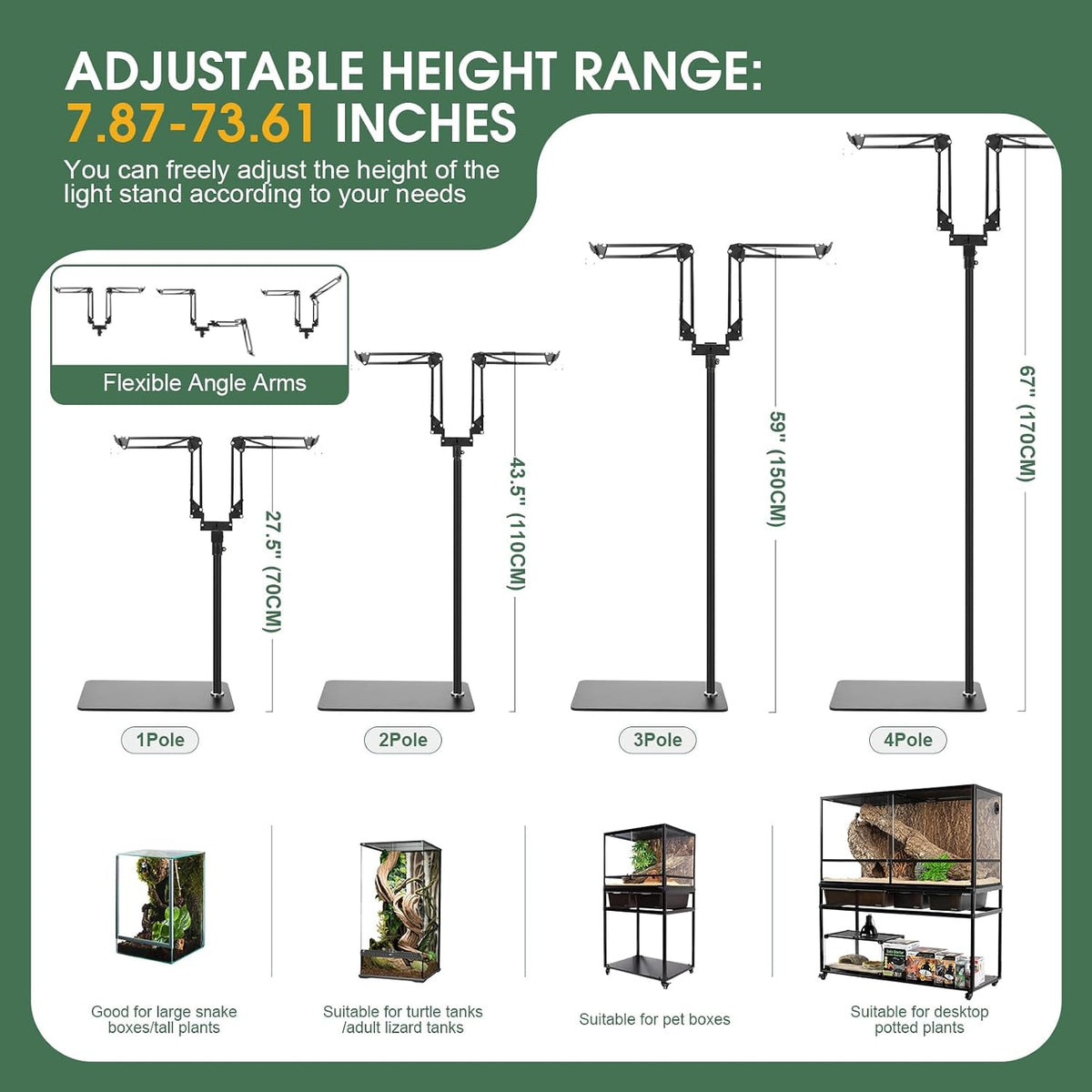 Dual Reptile Lamp Stand, 360°Rotatable Flexible Arms - 7.87-73.61 inch - image 3