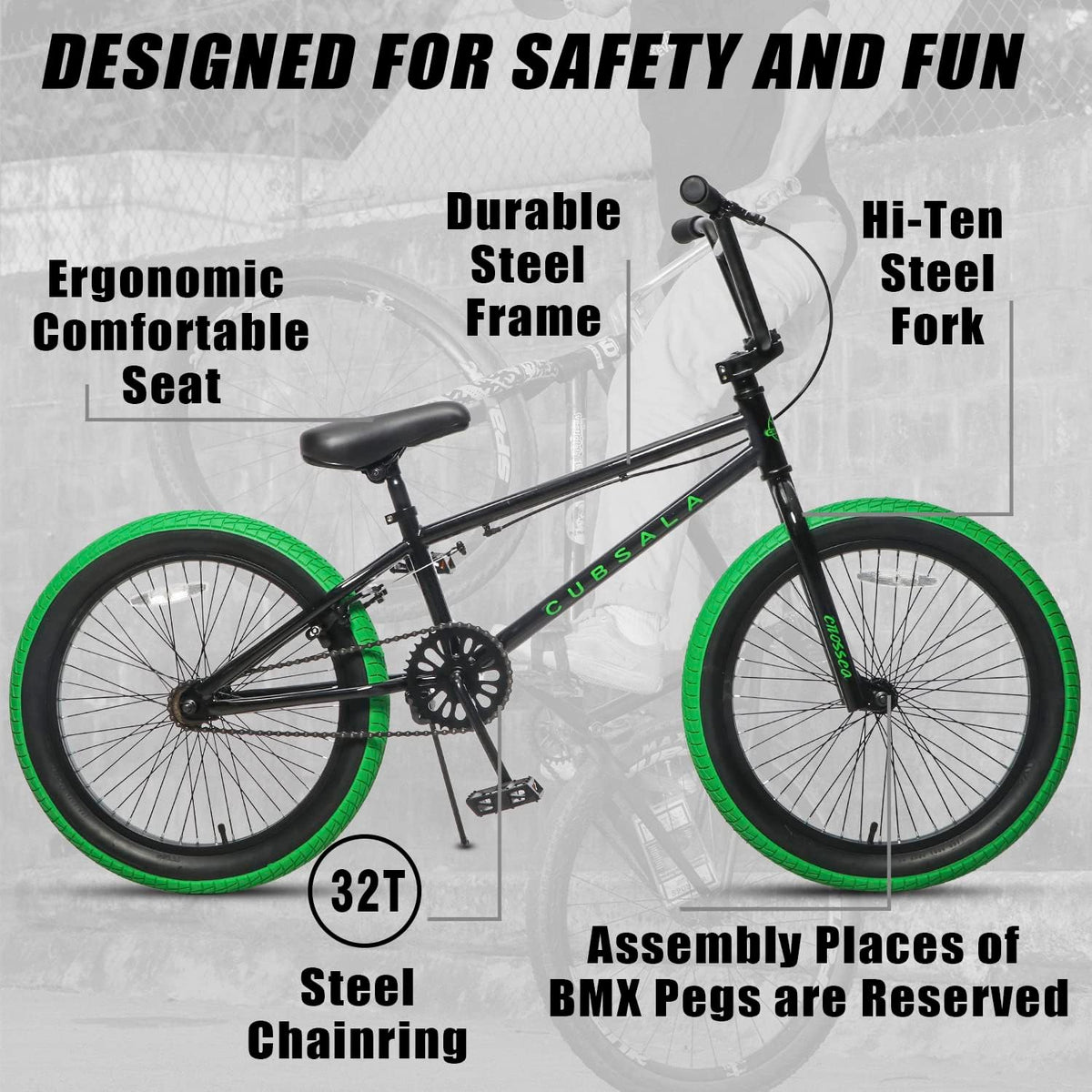 cubsala Crossea 18 20 Inch Kids Freestyle BMX Bike for 5-13 Years Old – Fun for Kids & Family - Black & Green / 20 Inch / Without Pegs - image 2