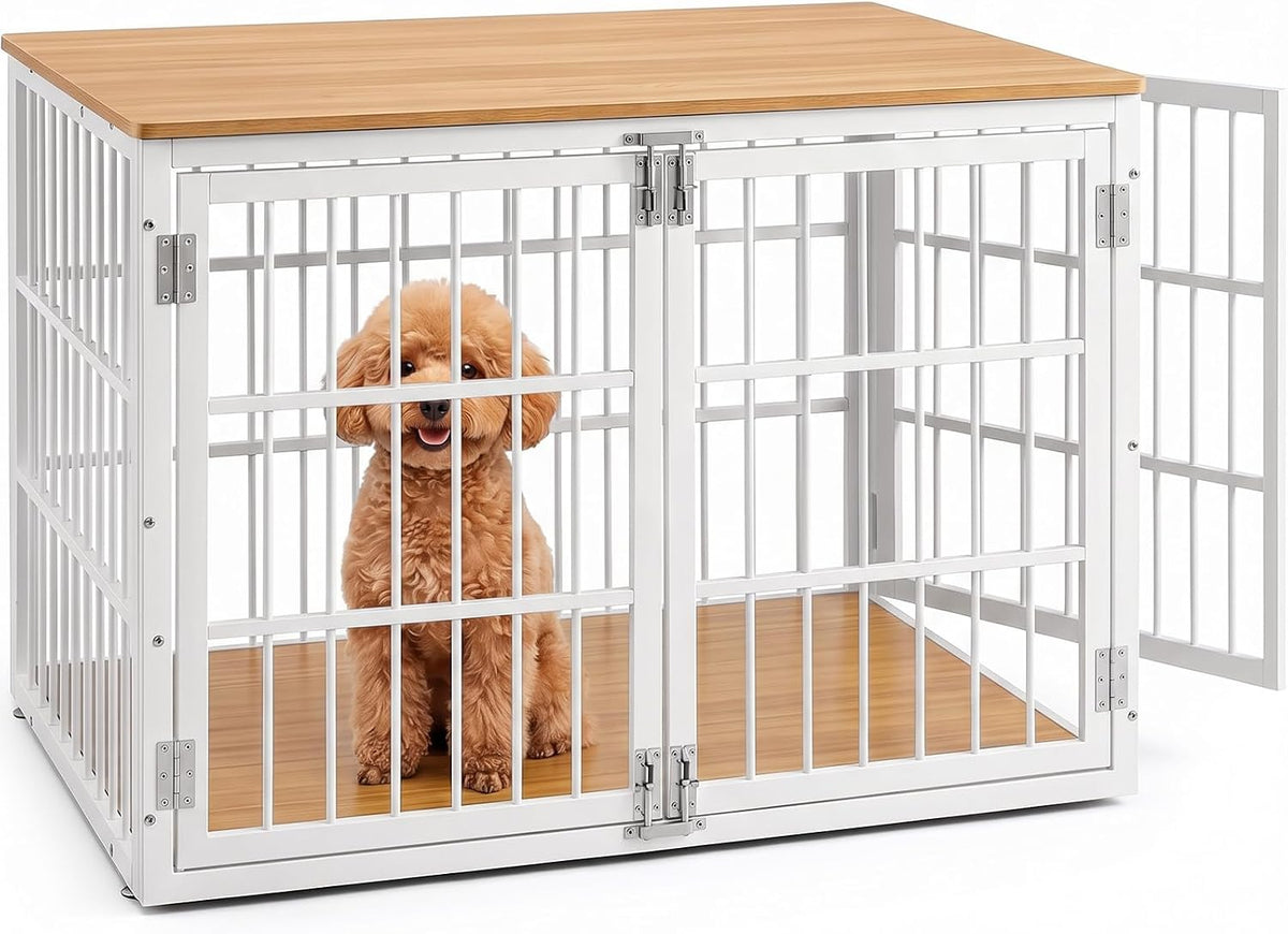 DUMOS Dog Crate Furniture 38 Inch Indoor Crate Dog Cage Wooden Kennel – Essentials for Dogs - White / 38.2"L x 25.0"W x 27.9"H / 1