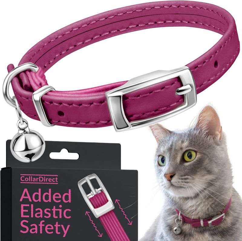 Soft Leather Cat Collar with Safety Elastic Strap - 8-11 Inch / Pink