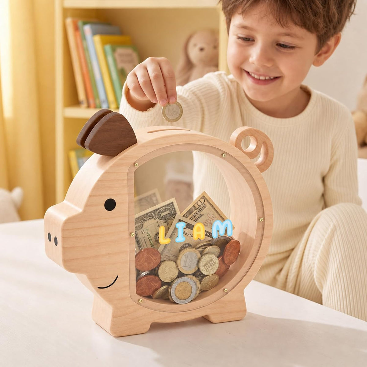 KMC wooden piggy bank for kids with clear acrylic front panel in pink - view 4