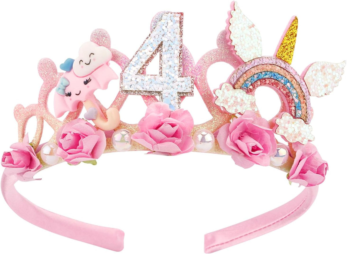 SuPoo 4th Birthday Headband Flower Crown for Girls Princess Tiara 4th - Pink-4th