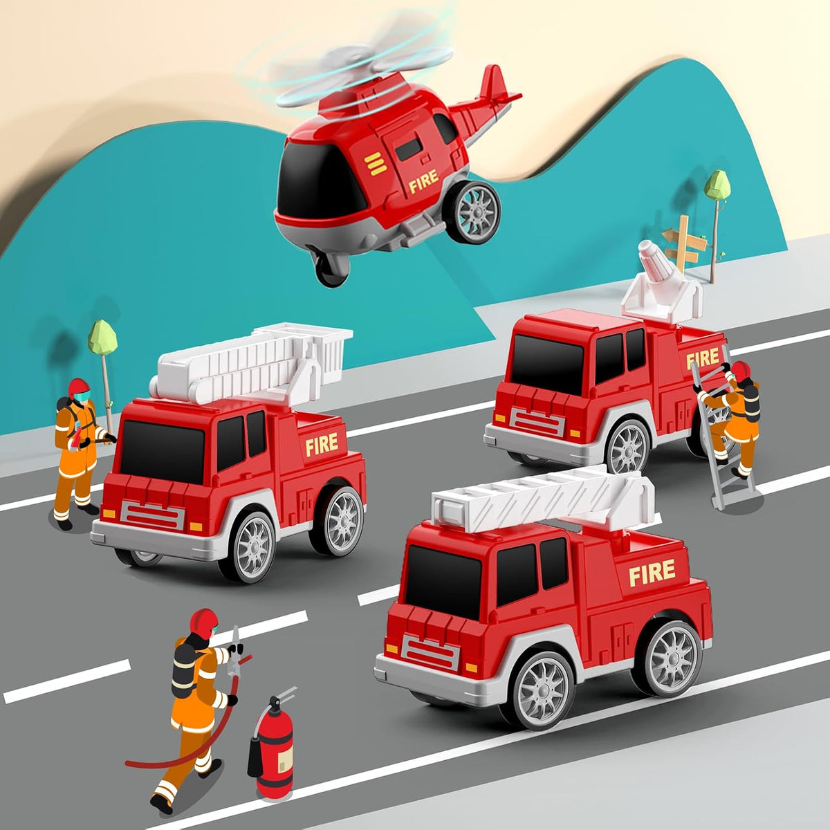 FunMission Toddlers Fire Truck for Kids 3-9 Year Old，5 in 1 Friction - 5 FIRE CARS - image 4