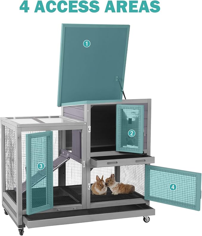 Rabbit Hutch Indoor for 2-4 Rabbits & Guinea Pigs，Bunny Cage with Slide-Out Plastic Trays，Wooden Small Animal Cage for Rabbits, Bunnies, and Guinea Pigs (Light Grey)