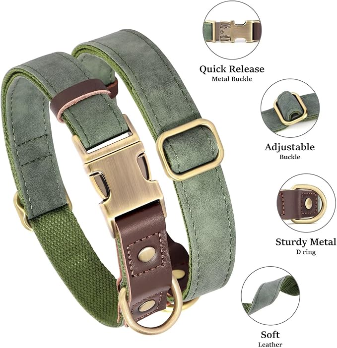 Didog Soft PU Leather Dog Collars for Medium Dogs,Classic Adjustable Dog Collars with Quick Release Metal Buckle,Easy Clean and Comfortable with Nylon Lining,Green,M Neck 13-19"