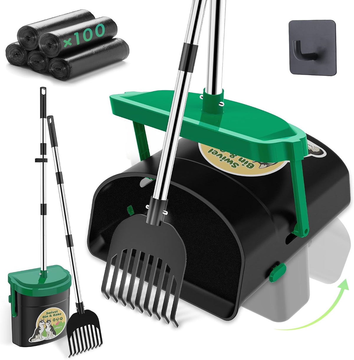 UPSKY 33.4" Dog Pooper Scooper Swivel Bin & Rake Kit with 100 Waste - Dark Green